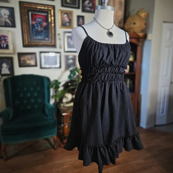 Vintage Y2K Liberty Love Black Ruffle Spaghetti Strap Smocked Waist Mini Dress - Picture 3 of 7